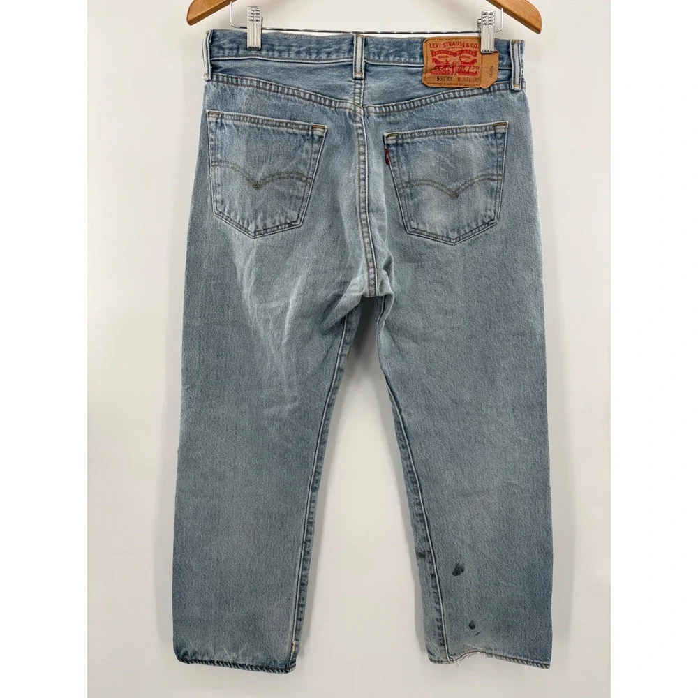 Levis 501XX Mens 34x30 Jeans Y2K  Light Distressed Blue Workwear Faded Denim